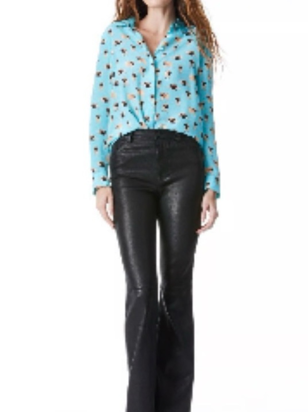 Alice + Olivia Willa Pug Party Print 100% Silk Shirt Blouse Blue Size XS